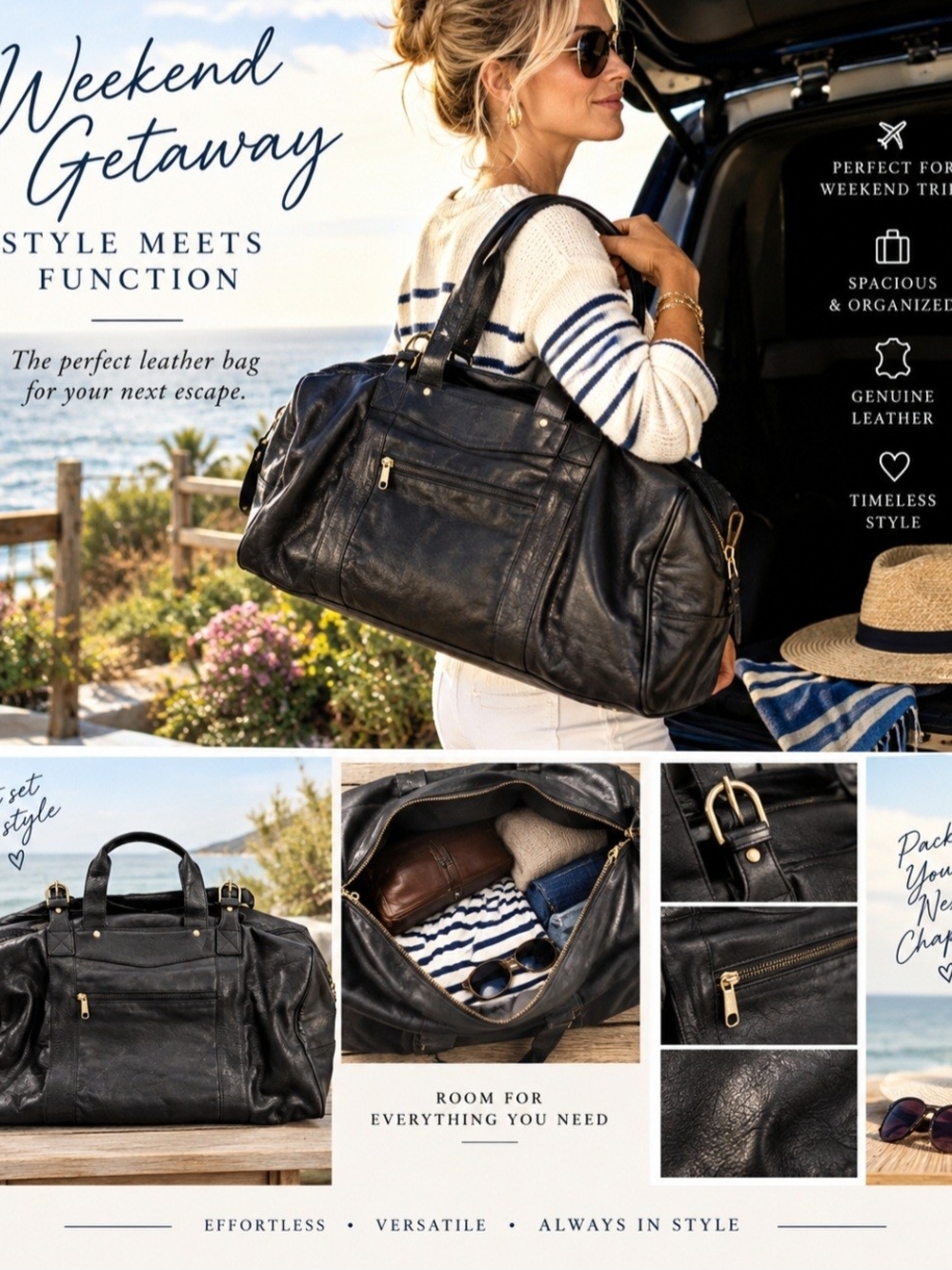 Boulder Ridge Weekend Getaway Black Leather Duffel Bag